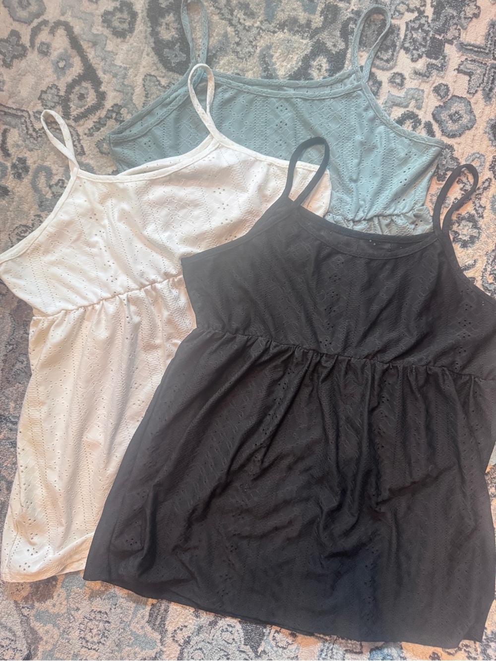 Bundle of 3 Eyelet Spaghetti Strap Camisole Top - Black, White, Light Green NWOT